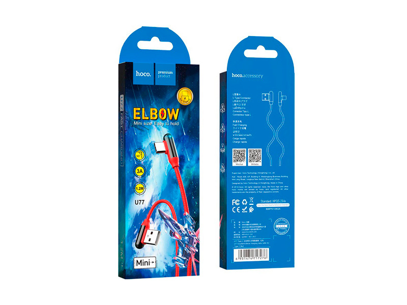 HOCO U77 Excellent elbow для передачи данных и зарядки USB-Lightning, 3A, 1.2м, красный HOCO U77 Excellent elbow для передачи данных и зарядки USB-Lightning, 3A, 1.2м, красный