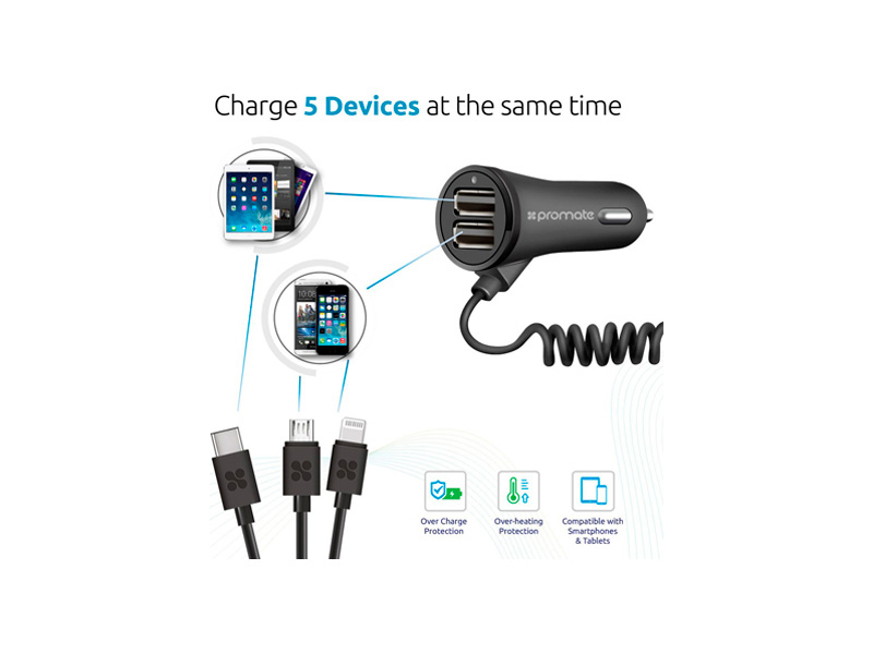 Promate Charge-Trio DC12-24В 5В 3.4A 2xUSB2.0 USB3.0 MicroUSB Lightning Promate Charge-Trio DC12-24В 5В 3.4A 2xUSB2.0 USB3.0 MicroUSB Lightning