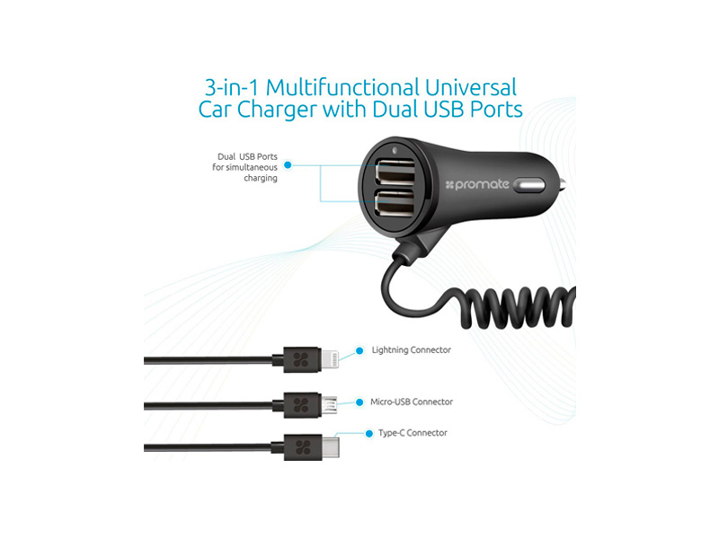 Promate Charge-Trio DC12-24В 5В 3.4A 2xUSB2.0 USB3.0 MicroUSB Lightning Promate Charge-Trio DC12-24В 5В 3.4A 2xUSB2.0 USB3.0 MicroUSB Lightning