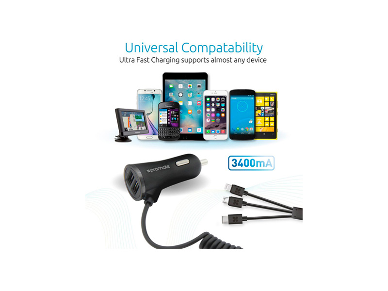 Promate Charge-Trio DC12-24В 5В 3.4A 2xUSB2.0 USB3.0 MicroUSB Lightning Promate Charge-Trio DC12-24В 5В 3.4A 2xUSB2.0 USB3.0 MicroUSB Lightning