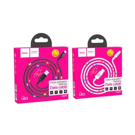 HOCO U63 Spirit для передачи данных и зарядки USB-Type-C, LED подсветка активируется звуком, 3А, 1.2м, черный