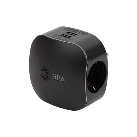 Тройник ЭРА SP-3e-USB-BLACK 3гн, 220V+2xUSB 2100mA c заземл, со шт, черный