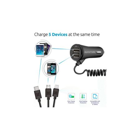 Promate Charge-Trio DC12-24В 5В 3.4A 2xUSB2.0 USB3.0 MicroUSB Lightning