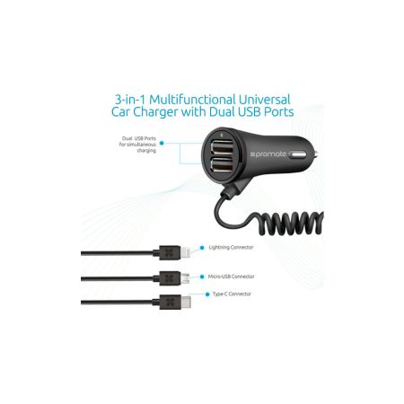 Promate Charge-Trio DC12-24В 5В 3.4A 2xUSB2.0 USB3.0 MicroUSB Lightning