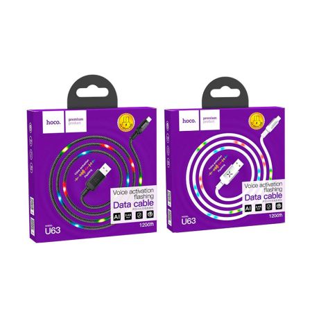 HOCO U63 Spirit для передачи данных и зарядки USB-microUSB, LED подсветка активируется звуком, 2.4А, 1.2м, черный